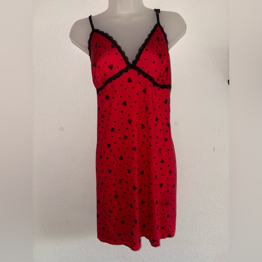 🔥 Red Heart Print Y2K Slip Mini Dress Lace Trim - Picture 2 of 3